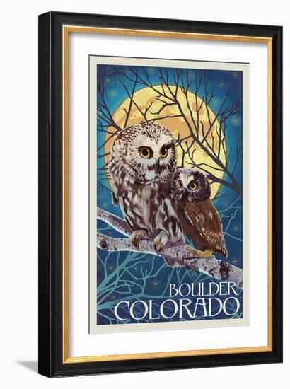 Boulder, Colorado - Owl and Owlet-Lantern Press-Framed Art Print