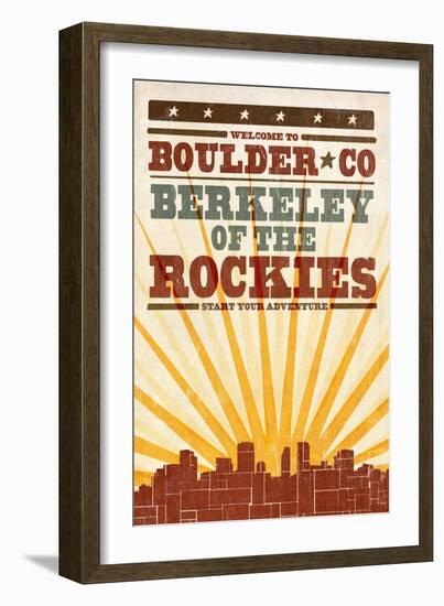 Boulder, Colorado - Skyline and Sunburst Screenprint Style-Lantern Press-Framed Art Print