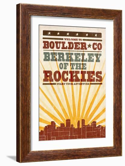 Boulder, Colorado - Skyline and Sunburst Screenprint Style-Lantern Press-Framed Art Print