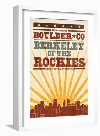 Boulder, Colorado - Skyline and Sunburst Screenprint Style-Lantern Press-Framed Art Print