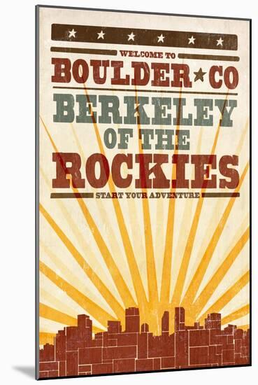 Boulder, Colorado - Skyline and Sunburst Screenprint Style-Lantern Press-Mounted Art Print