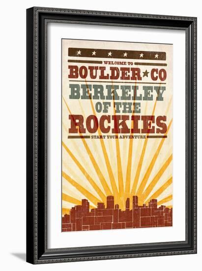 Boulder, Colorado - Skyline and Sunburst Screenprint Style-Lantern Press-Framed Art Print