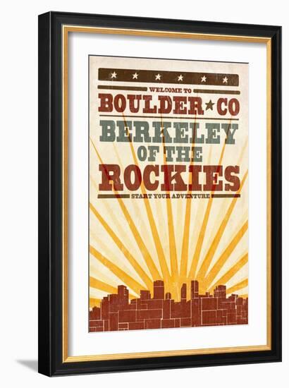 Boulder, Colorado - Skyline and Sunburst Screenprint Style-Lantern Press-Framed Art Print