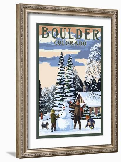 Boulder, Colorado - Snowman Scene-Lantern Press-Framed Art Print