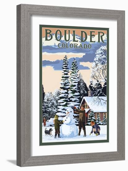 Boulder, Colorado - Snowman Scene-Lantern Press-Framed Art Print