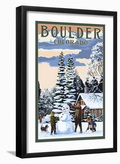 Boulder, Colorado - Snowman Scene-Lantern Press-Framed Art Print