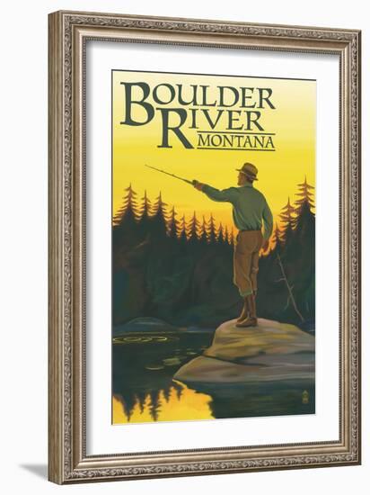 Boulder River, Montana - Fly Fishing Scene-Lantern Press-Framed Art Print