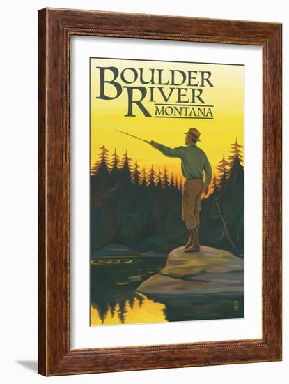 Boulder River, Montana - Fly Fishing Scene-Lantern Press-Framed Art Print