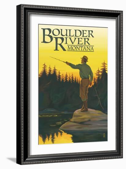 Boulder River, Montana - Fly Fishing Scene-Lantern Press-Framed Art Print