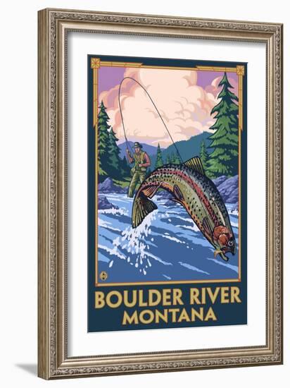 Boulder River, Montana - Fly Fishing Scene-Lantern Press-Framed Art Print