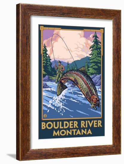 Boulder River, Montana - Fly Fishing Scene-Lantern Press-Framed Art Print