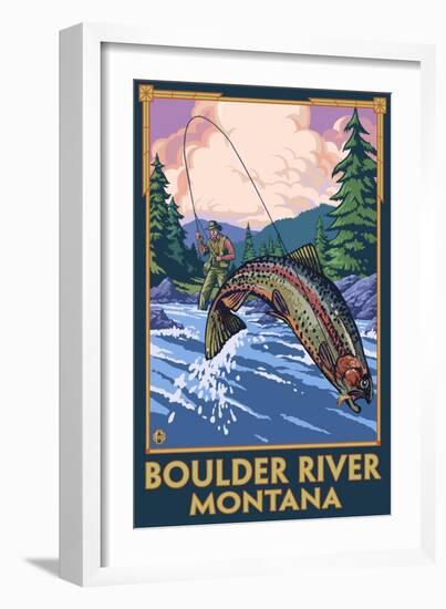 Boulder River, Montana - Fly Fishing Scene-Lantern Press-Framed Art Print