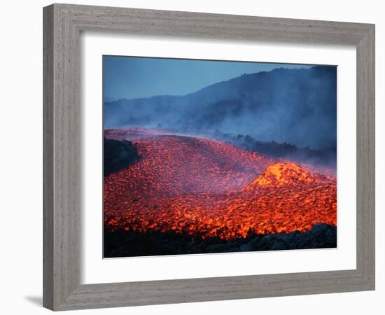 Boulder Rolling in Lava Flow at Dusk During Eruption of Mount Etna Volcano, Sicily, Italy-Stocktrek Images-Framed Photographic Print