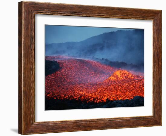 Boulder Rolling in Lava Flow at Dusk During Eruption of Mount Etna Volcano, Sicily, Italy-Stocktrek Images-Framed Photographic Print