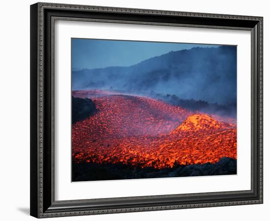 Boulder Rolling in Lava Flow at Dusk During Eruption of Mount Etna Volcano, Sicily, Italy-Stocktrek Images-Framed Photographic Print