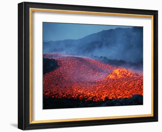 Boulder Rolling in Lava Flow at Dusk During Eruption of Mount Etna Volcano, Sicily, Italy-Stocktrek Images-Framed Photographic Print