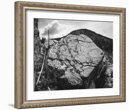 Boulder with hill in background, Rocks at Silver Gate, Yellowstone National Park, Wyoming, ca. 1941-Ansel Adams-Framed Art Print