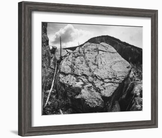 Boulder with hill in background, Rocks at Silver Gate, Yellowstone National Park, Wyoming, ca. 1941-Ansel Adams-Framed Art Print