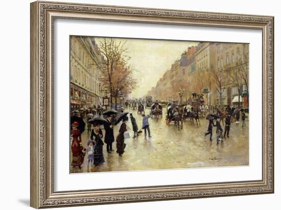 Boulevard Poissoniere in the Rain, circa 1885-Jean Béraud-Framed Giclee Print