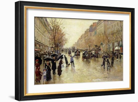 Boulevard Poissoniere in the Rain, circa 1885-Jean Béraud-Framed Giclee Print