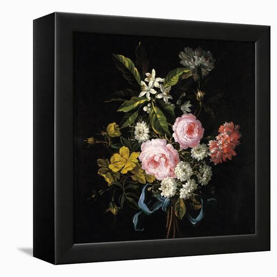 Bouquet of Chamomile, Roses, Orange Blossom and Carnations Tied with a Blue Ribbon-Jean-Baptiste Monnoyer-Framed Premier Image Canvas