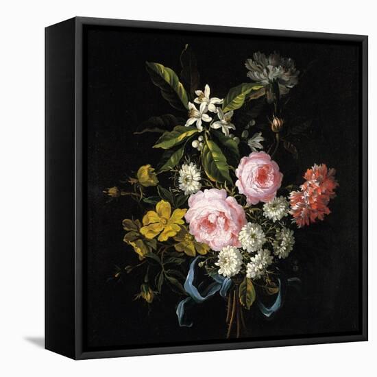 Bouquet of Chamomile, Roses, Orange Blossom and Carnations Tied with a Blue Ribbon-Jean-Baptiste Monnoyer-Framed Premier Image Canvas