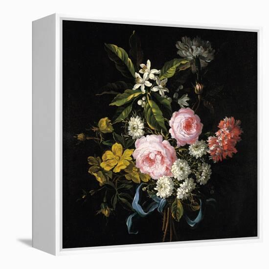 Bouquet of Chamomile, Roses, Orange Blossom and Carnations Tied with a Blue Ribbon-Jean-Baptiste Monnoyer-Framed Premier Image Canvas