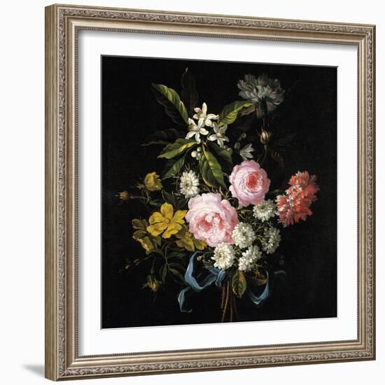 Bouquet of Chamomile, Roses, Orange Blossom and Carnations Tied with a Blue Ribbon-Jean-Baptiste Monnoyer-Framed Giclee Print