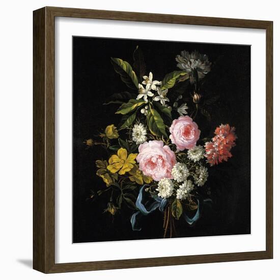 Bouquet of Chamomile, Roses, Orange Blossom and Carnations Tied with a Blue Ribbon-Jean-Baptiste Monnoyer-Framed Giclee Print