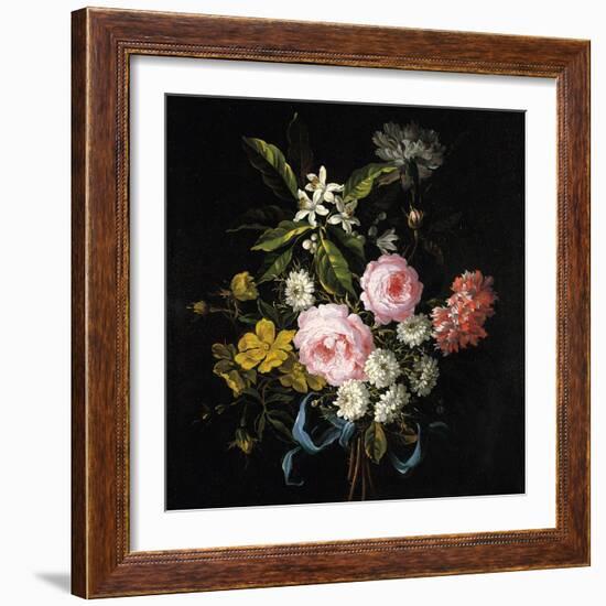 Bouquet of Chamomile, Roses, Orange Blossom and Carnations Tied with a Blue Ribbon-Jean-Baptiste Monnoyer-Framed Giclee Print