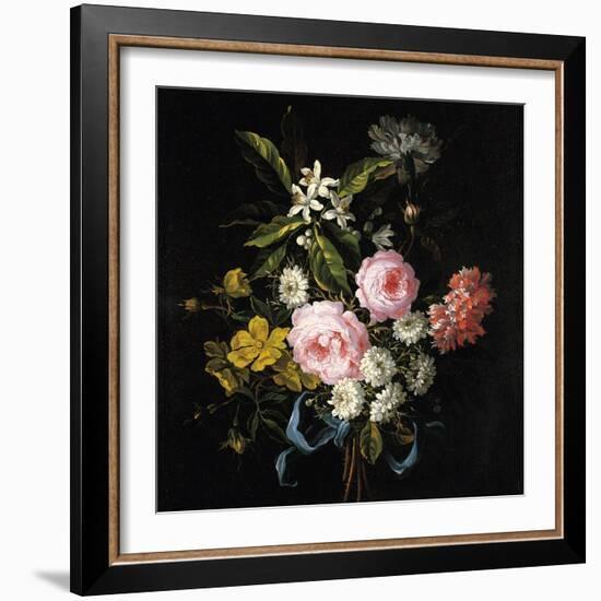 Bouquet of Chamomile, Roses, Orange Blossom and Carnations Tied with a Blue Ribbon-Jean-Baptiste Monnoyer-Framed Giclee Print