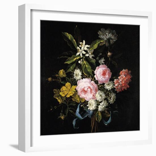 Bouquet of Chamomile, Roses, Orange Blossom and Carnations Tied with a Blue Ribbon-Jean-Baptiste Monnoyer-Framed Giclee Print