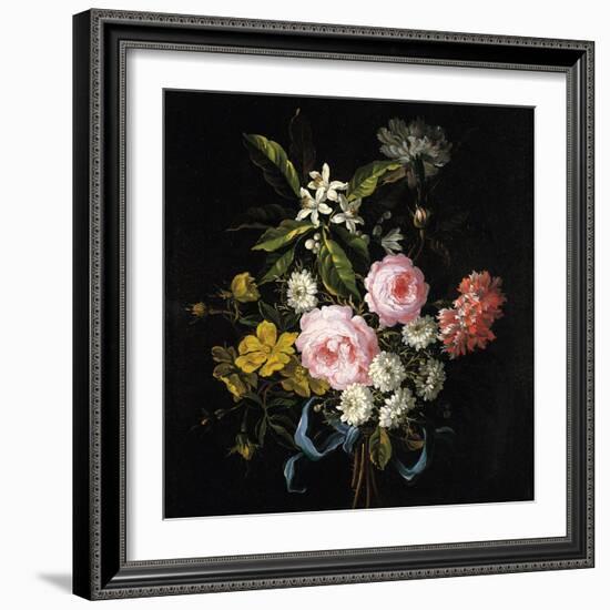 Bouquet of Chamomile, Roses, Orange Blossom and Carnations Tied with a Blue Ribbon-Jean-Baptiste Monnoyer-Framed Giclee Print