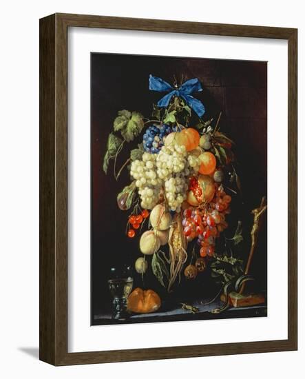 Bouquet of Fruit with Eucharistic Symbols on a Ledge Below-Cornelis de Heem-Framed Giclee Print