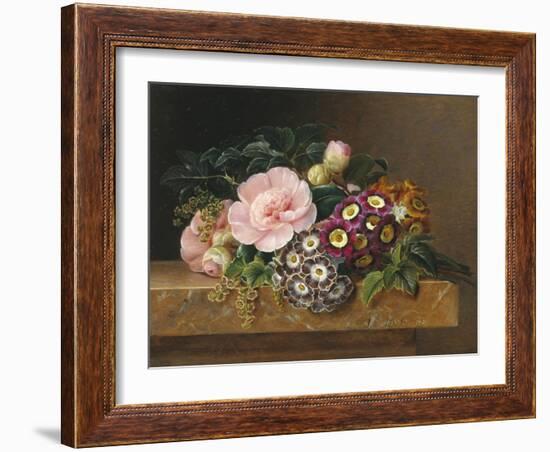 Bouquet of Pink Camellias and Primula on Marble Ledge-Johan Laurentz Jensen-Framed Giclee Print