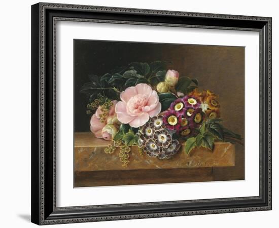 Bouquet of Pink Camellias and Primula on Marble Ledge-Johan Laurentz Jensen-Framed Giclee Print