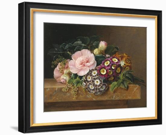 Bouquet of Pink Camellias and Primula on Marble Ledge-Johan Laurentz Jensen-Framed Giclee Print