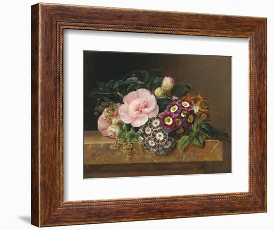 Bouquet of Pink Camellias and Primula on Marble Ledge-Johan Laurentz Jensen-Framed Giclee Print