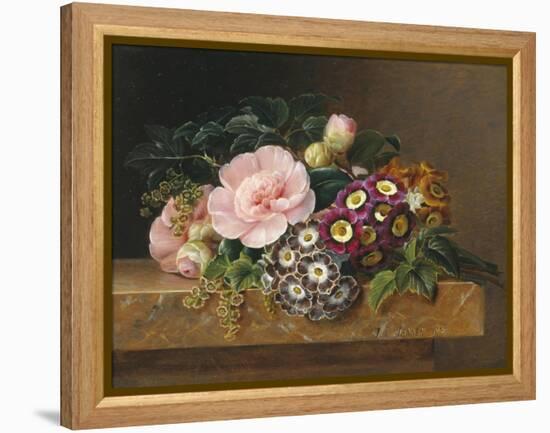 Bouquet of Pink Camellias and Primula on Marble Ledge-Johan Laurentz Jensen-Framed Premier Image Canvas