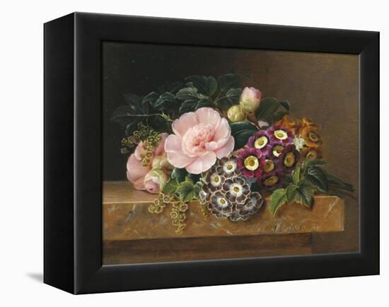 Bouquet of Pink Camellias and Primula on Marble Ledge-Johan Laurentz Jensen-Framed Premier Image Canvas