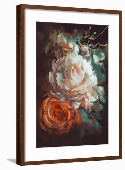 Bouquet of Roses with Oil Painting Style,Illustration-Tithi Luadthong-Framed Art Print