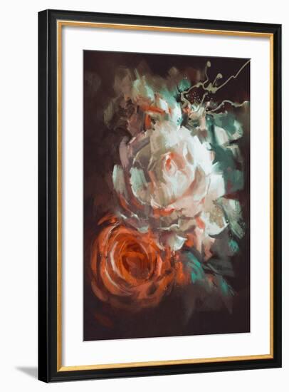 Bouquet of Roses with Oil Painting Style,Illustration-Tithi Luadthong-Framed Art Print