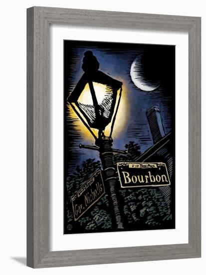 Bourbon Street - New Orleans, Louisiana - Scratchboard-Lantern Press-Framed Art Print