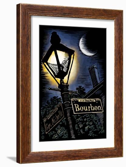 Bourbon Street - New Orleans, Louisiana - Scratchboard-Lantern Press-Framed Art Print