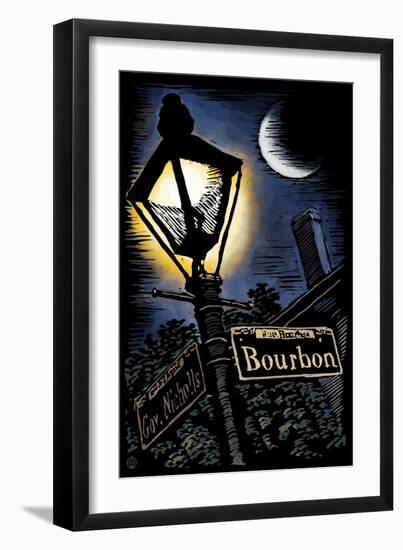 Bourbon Street - New Orleans, Louisiana - Scratchboard-Lantern Press-Framed Art Print