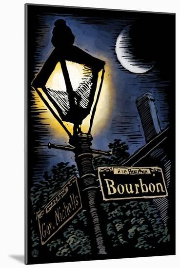 Bourbon Street - New Orleans, Louisiana - Scratchboard-Lantern Press-Mounted Art Print