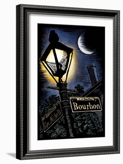 Bourbon Street - New Orleans, Louisiana - Scratchboard-Lantern Press-Framed Art Print