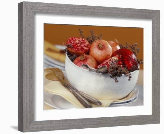 Bowl of Pomegranates & Xmas Tree Baubles as Table Decoration-Luzia Ellert-Framed Photographic Print