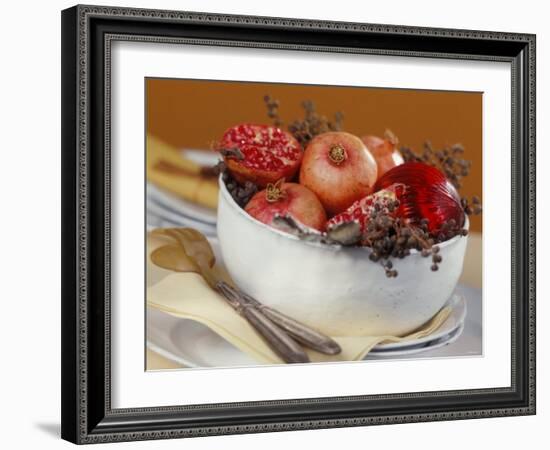 Bowl of Pomegranates & Xmas Tree Baubles as Table Decoration-Luzia Ellert-Framed Photographic Print