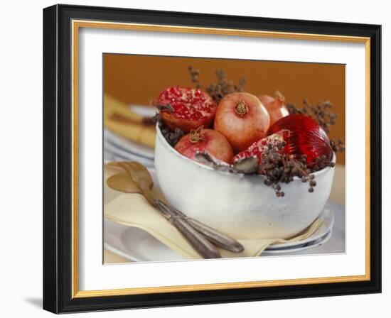 Bowl of Pomegranates & Xmas Tree Baubles as Table Decoration-Luzia Ellert-Framed Photographic Print